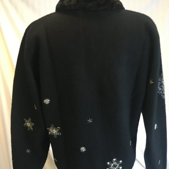 *HOST PICK* Pandemonium Women's Black Wool Cardigan Jacket Bead Snowflakes Large - Picture 7 of 12
